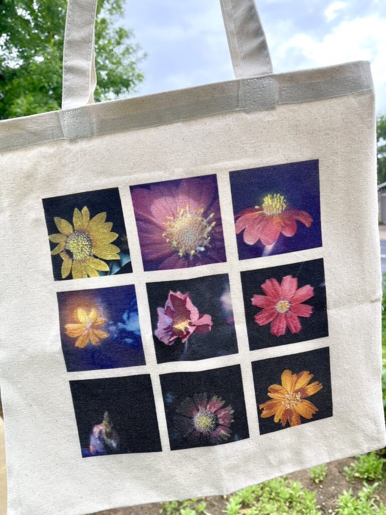 a spring canvas bag of my UV light flower photography available for $25 + shipping! 